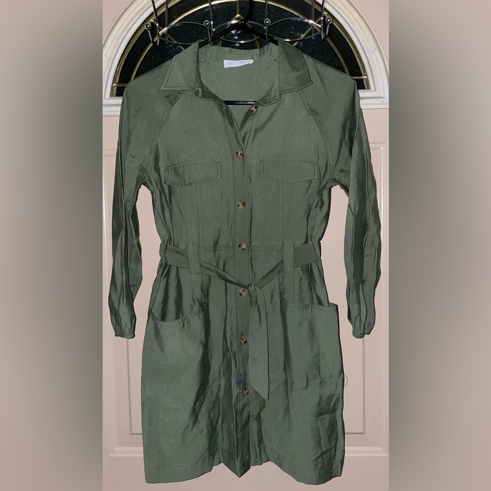 Zara Kids Girls Belted Shirt Dress Olive Medium 11/12